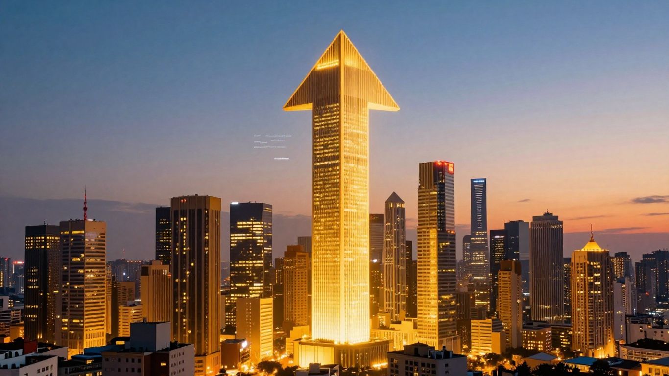 Modern cityscape with website interface and growth arrow.