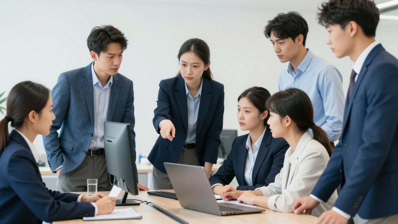 Ausbildungsteam bespricht sich in modernem Büro.