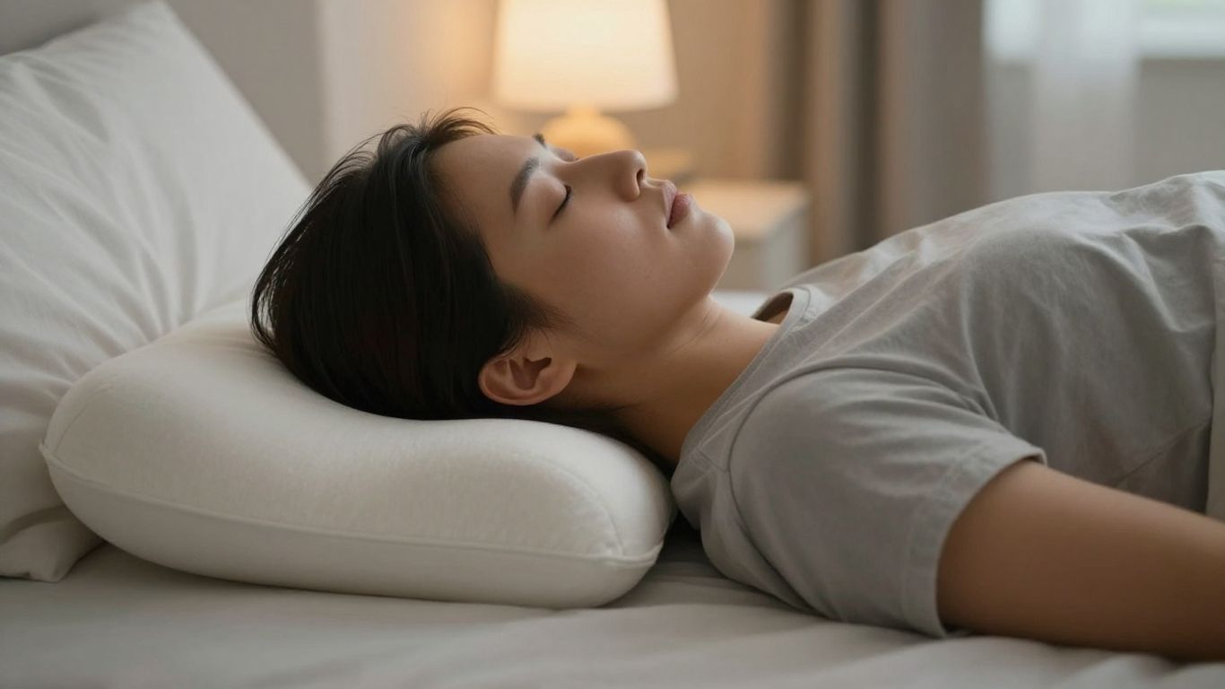 Side sleeper using a cervical pillow for neck pain relief.