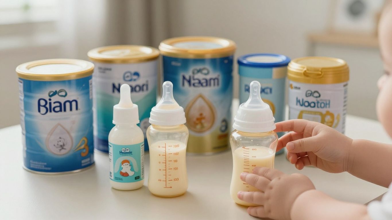 Latas de fórmula para bebés y biberones.