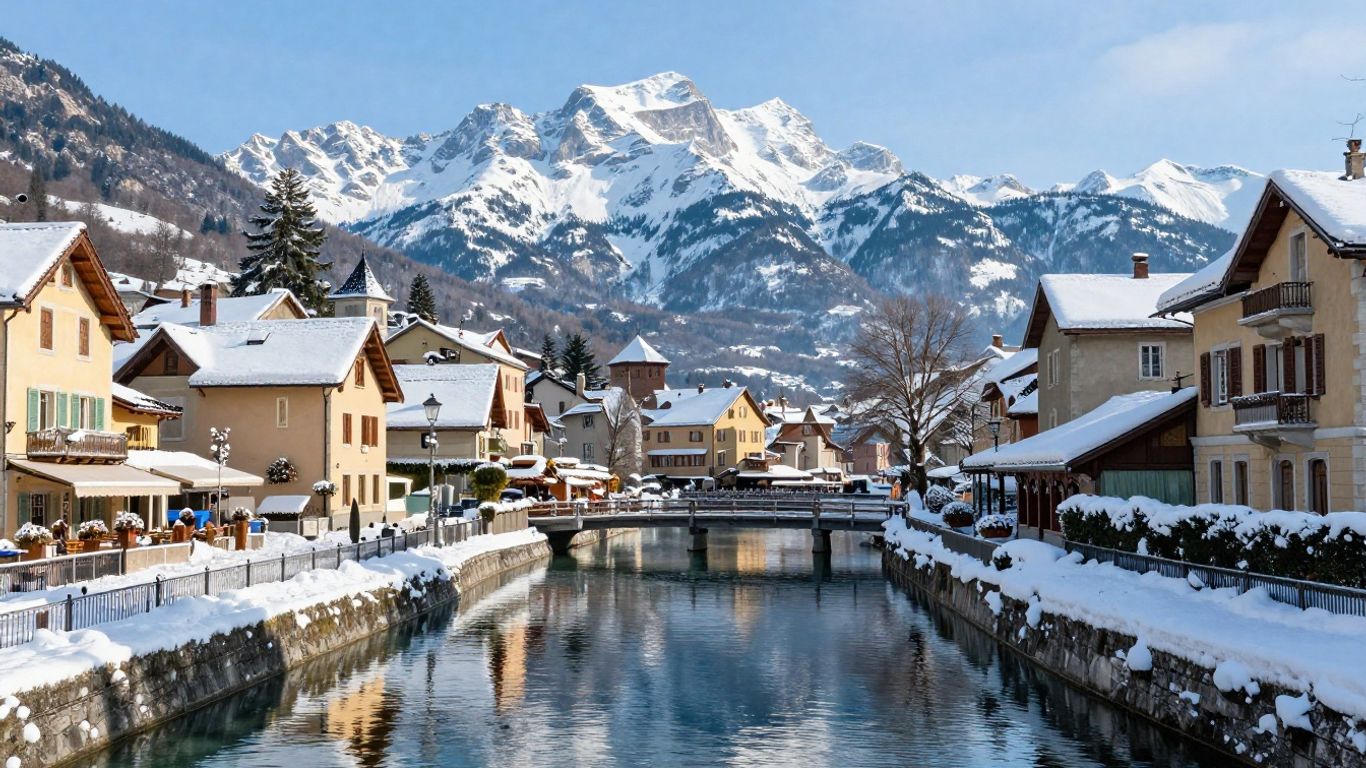 Snowy Annecy canals and old town in winter.