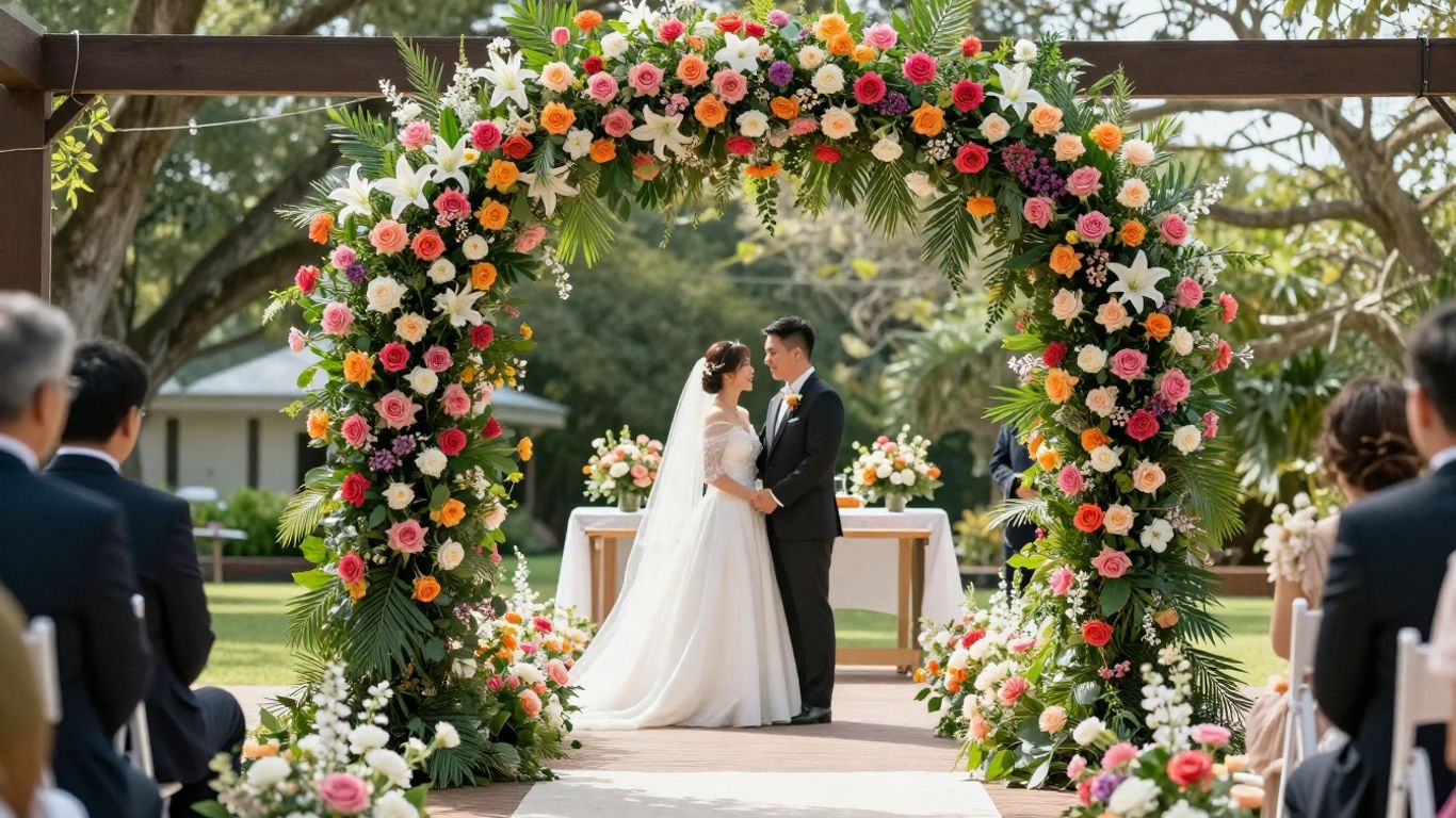 Wedding floral archway with roses and lilies.