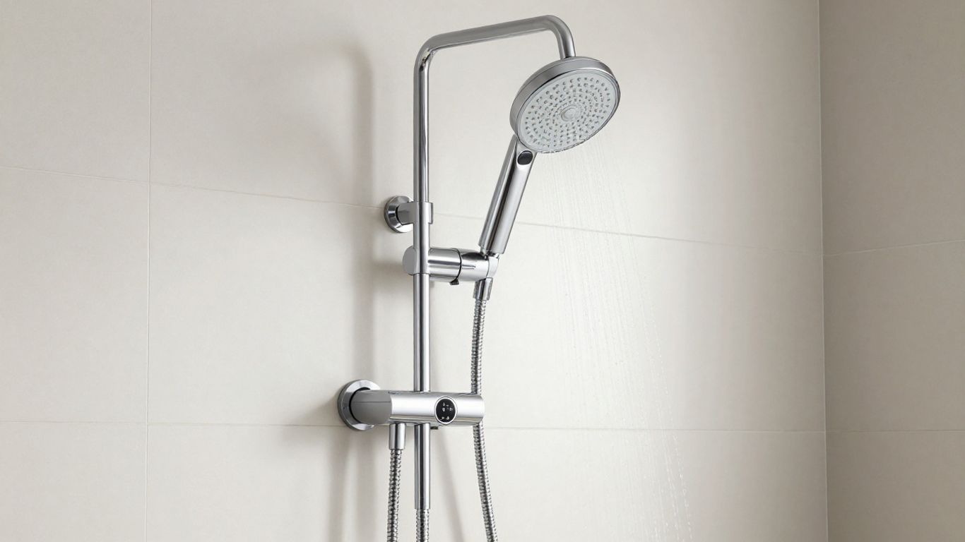 Modern thermostatic shower set with rainfall showerhead.