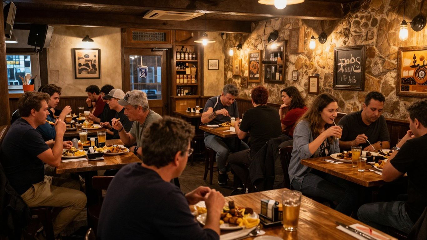 Cozy pub interior with patrons enjoying food and drinks.