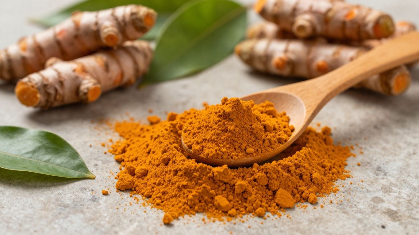 Poudre de curcuma et racines fraîches sur fond rustique.