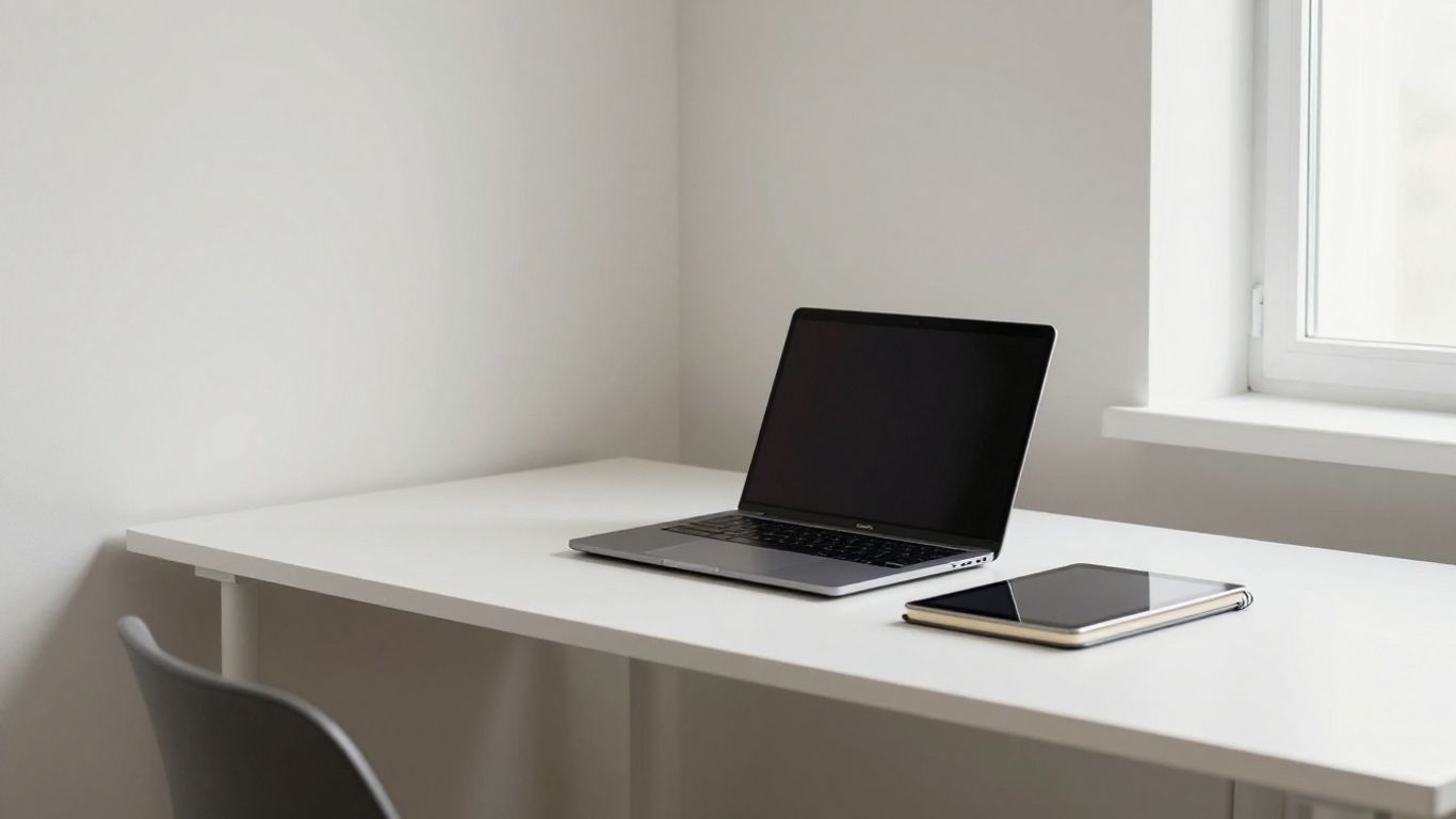 A clean modular office workspace showing modern technology integration