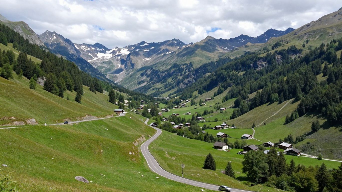 Savoie valley road winding beneath snowy peaks