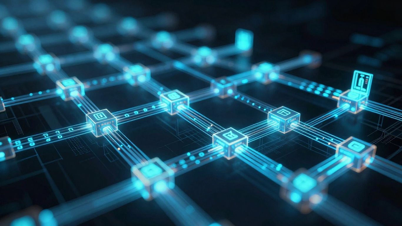 Interconnected digital blocks forming a futuristic blockchain.
