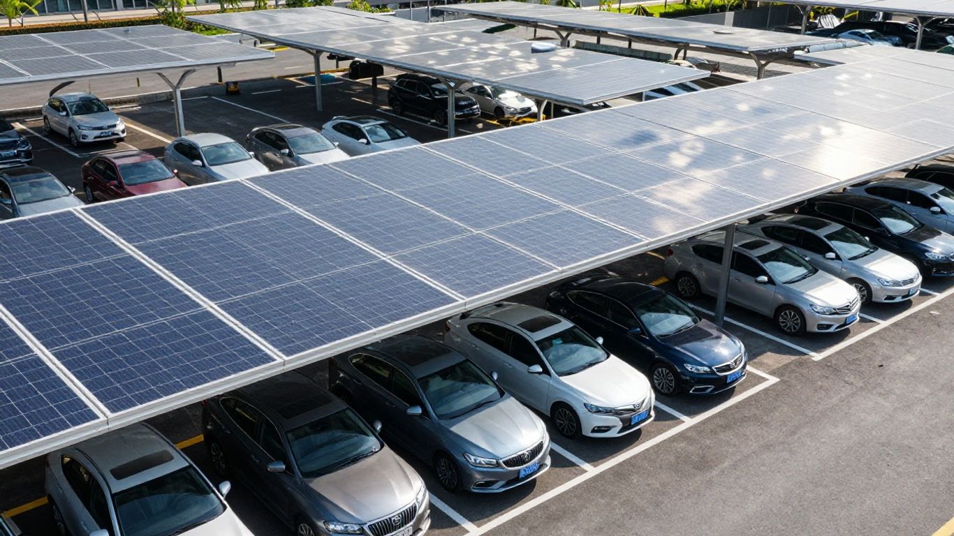 Solar canopies on a modern car park.