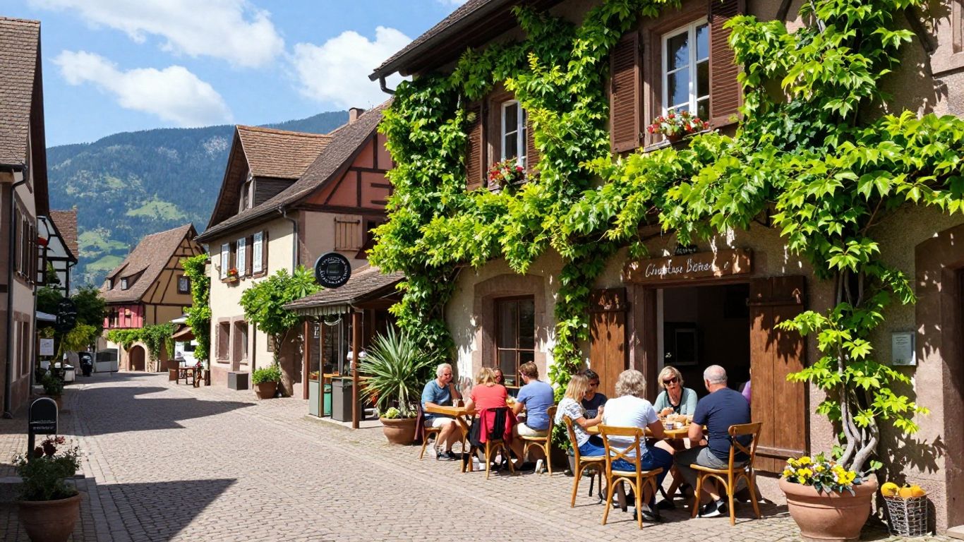 Alsace craft brewery village scene with people enjoying drinks.