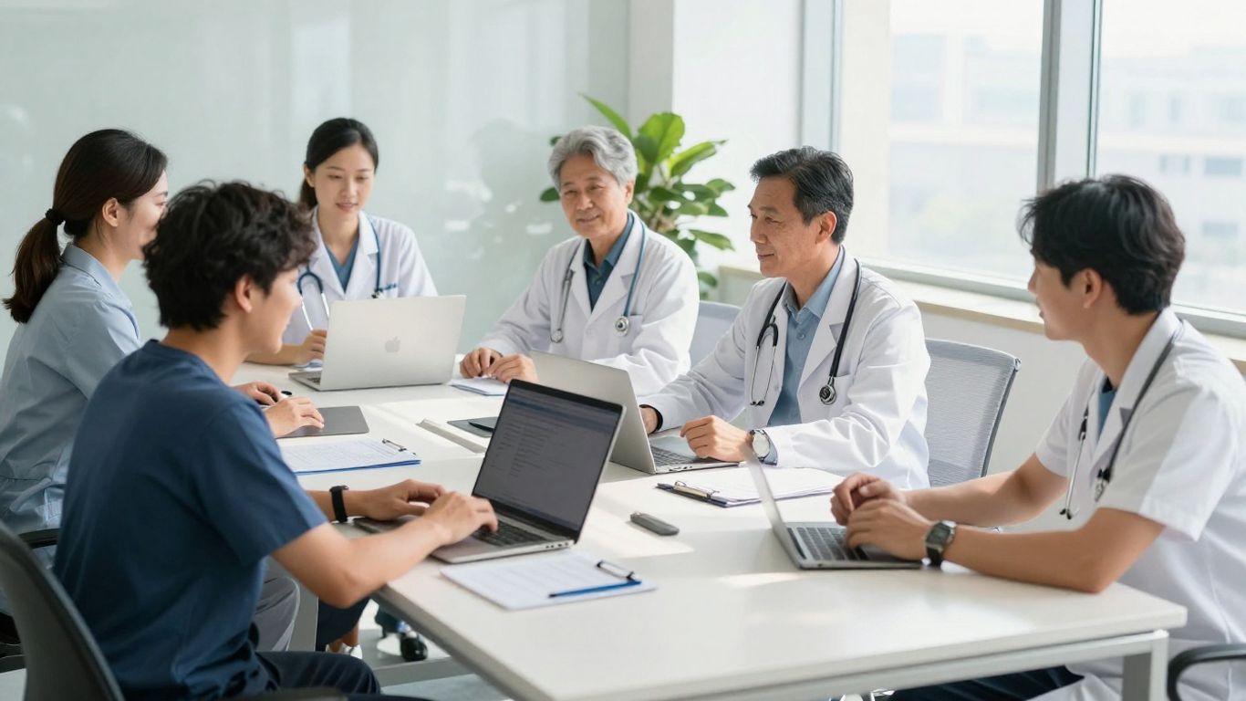 Healthcare professionals discussing financial solutions in a modern office.