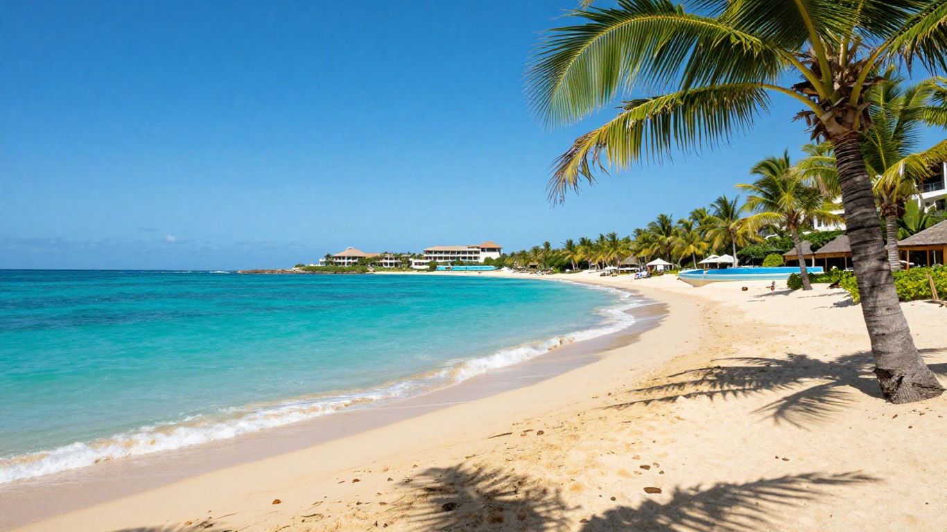Sunny beach with palm trees and resort.