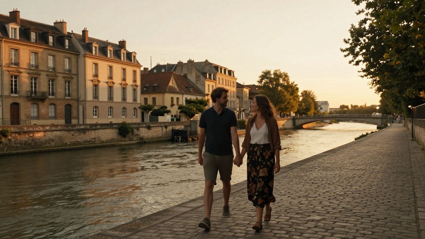 Couple marchant au coucher du soleil dans une ville française