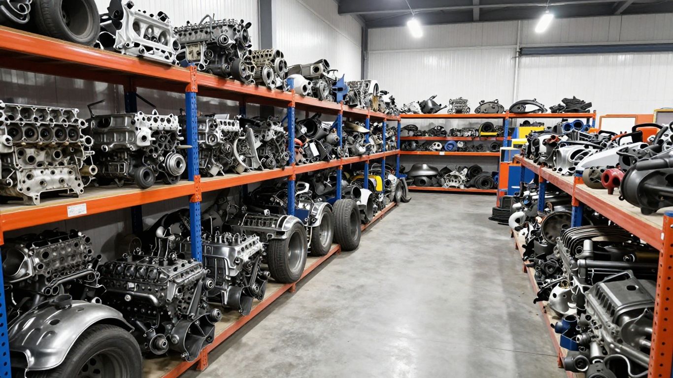Interior view of a professional salvage yard featuring organized parts