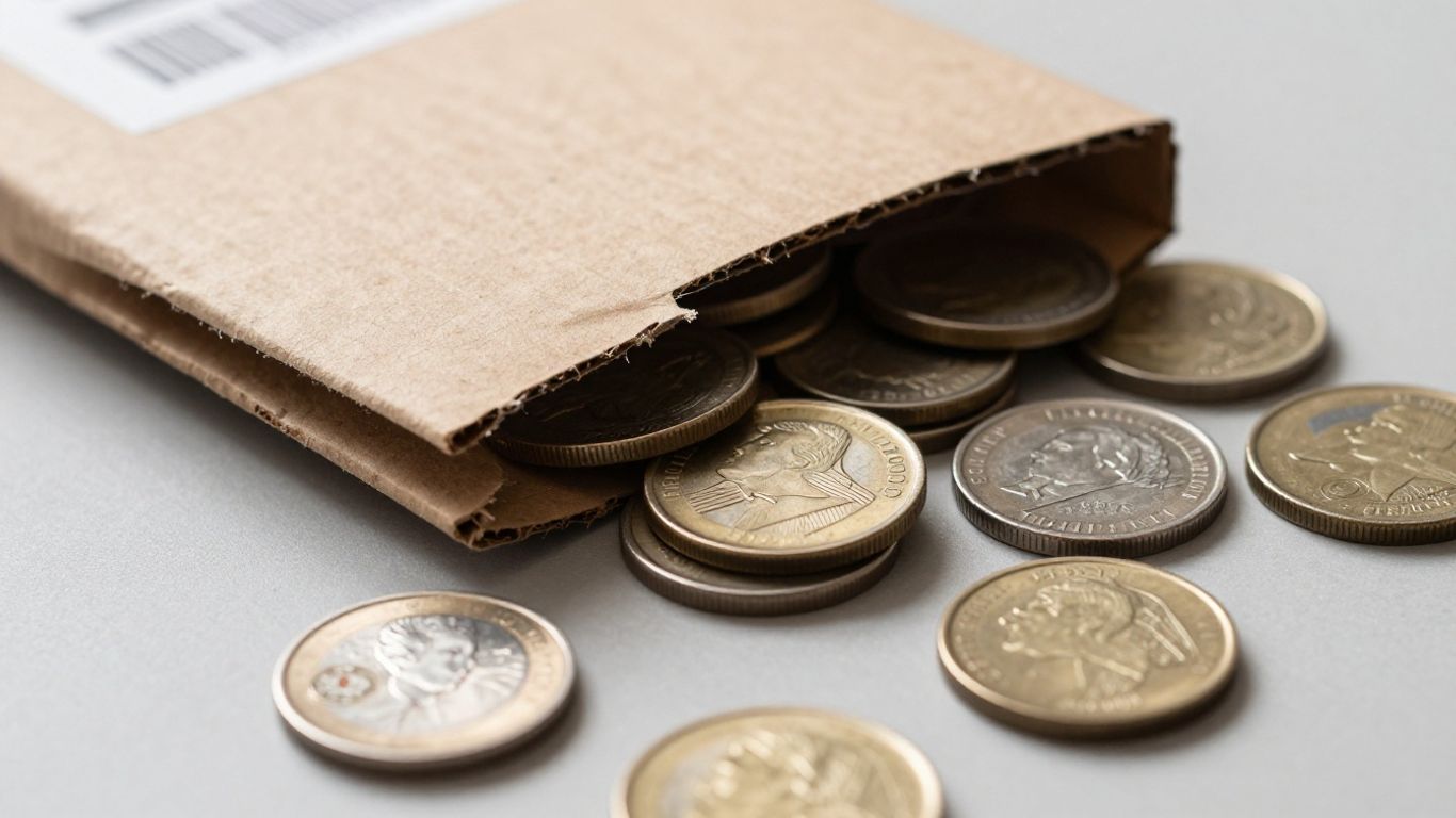 Damaged cardboard coin holder with coins spilling out.