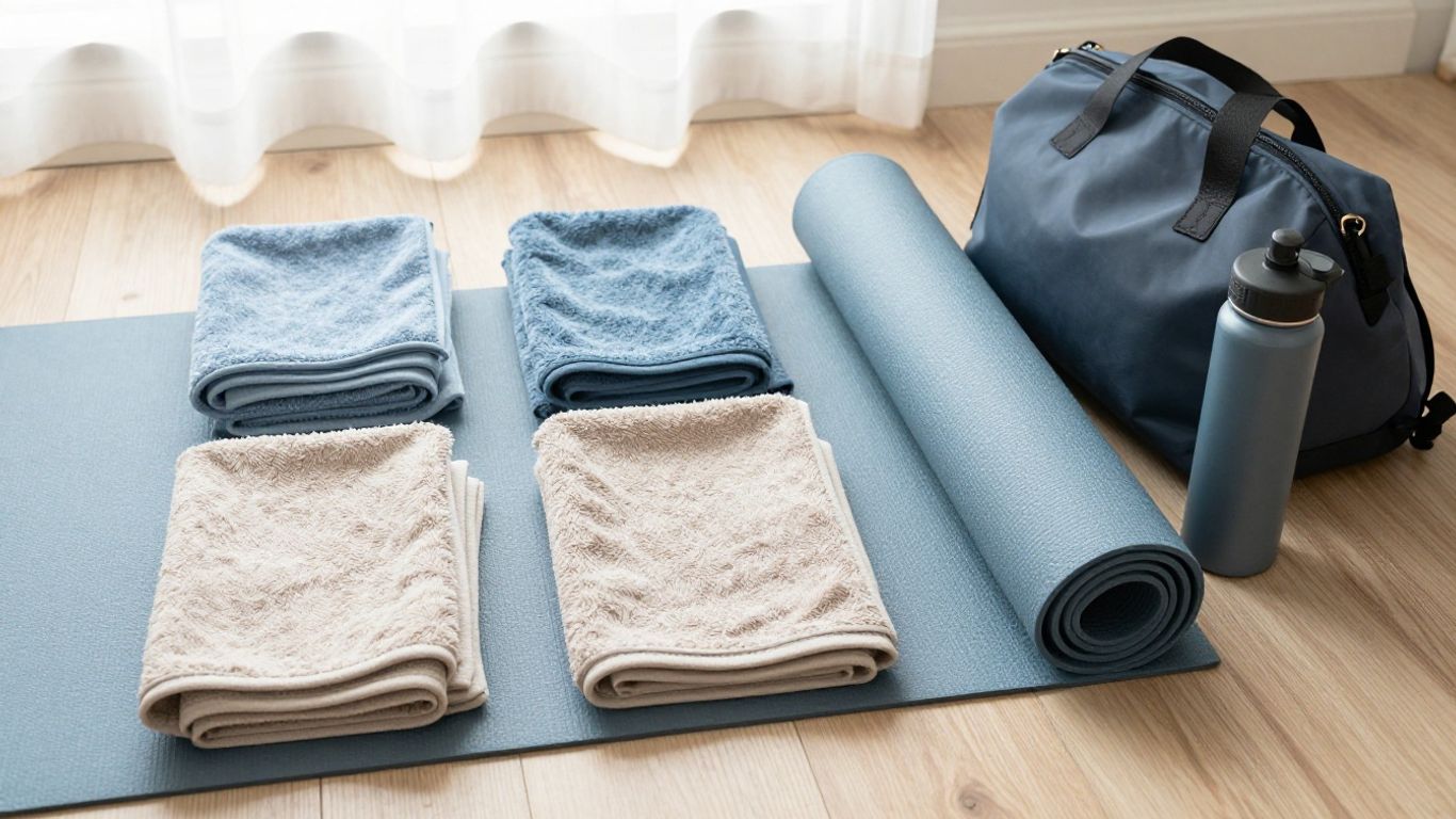 Folded yoga towels beside studio mat
