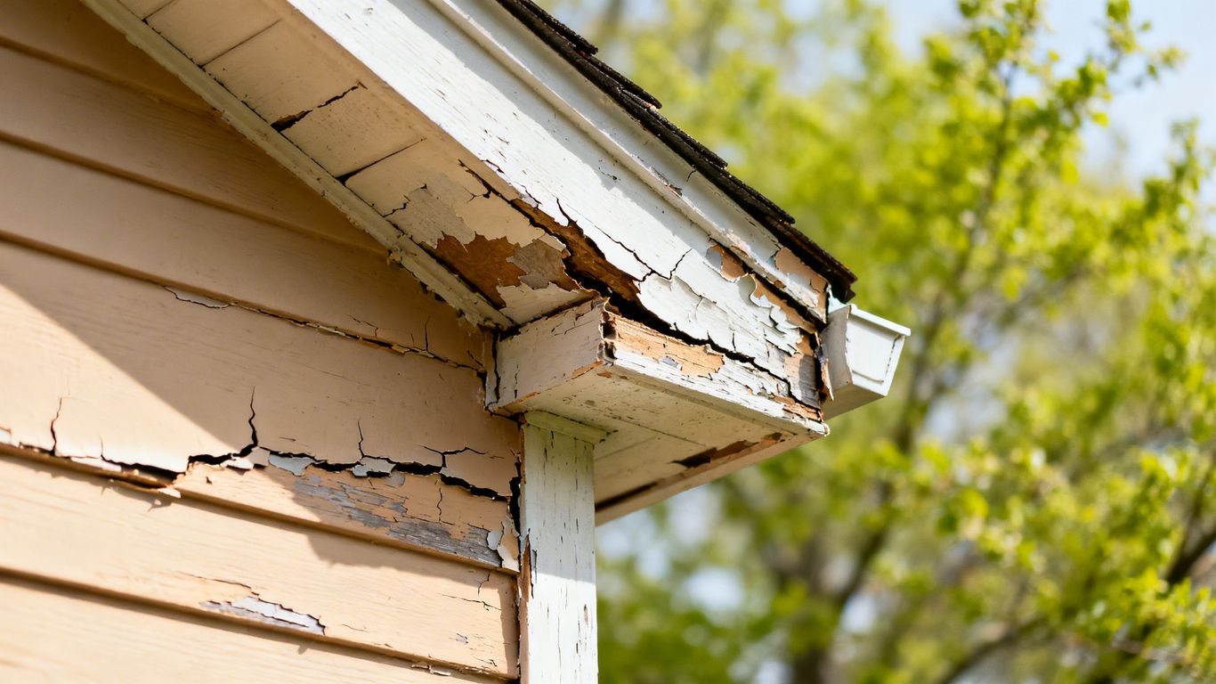 Damaged house trim and siding needing repair before painting.