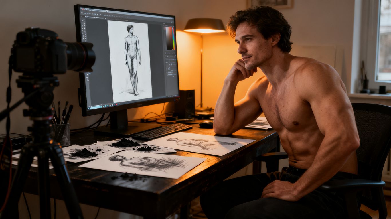 Private adult art workspace with portrait controls