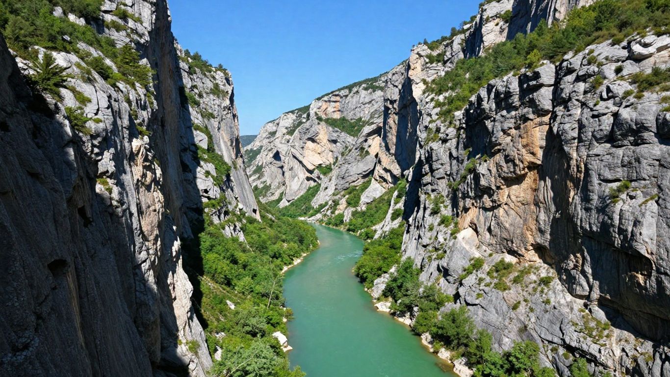 Gorges du Verdon canyon with turquoise river and cliffs