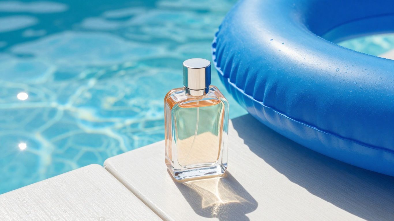 Sunscreen bottle near blue pool