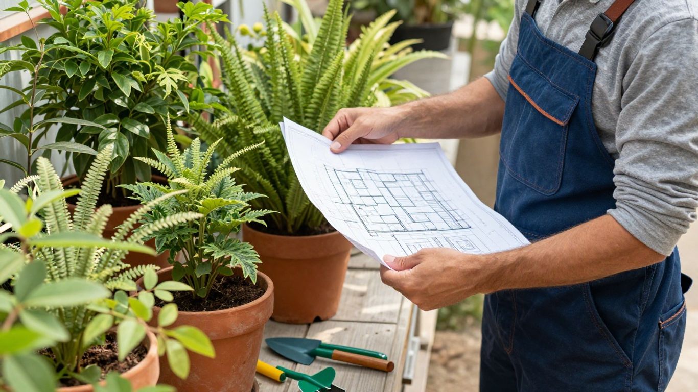 Landscaping team planning project with blueprints and tools.