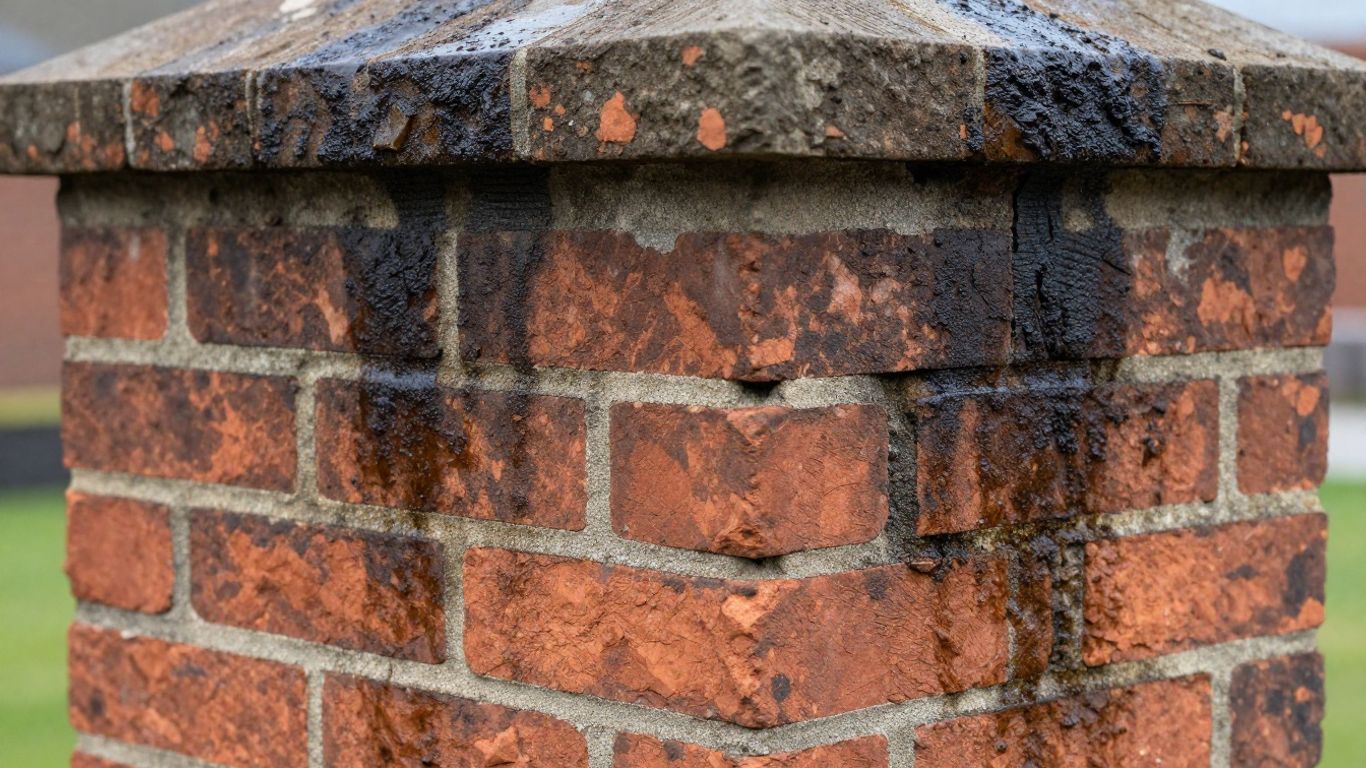 Damp chimney bricks with water stains and subtle cracks.