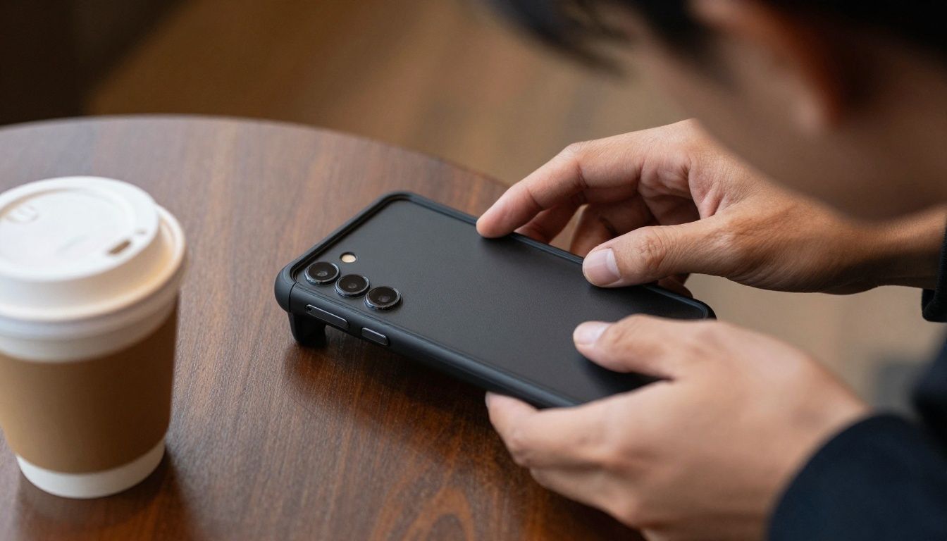 A person carefully fitting a new case onto their Samsung Galaxy S25 Edge, with a cup of coffee on the table beside them.