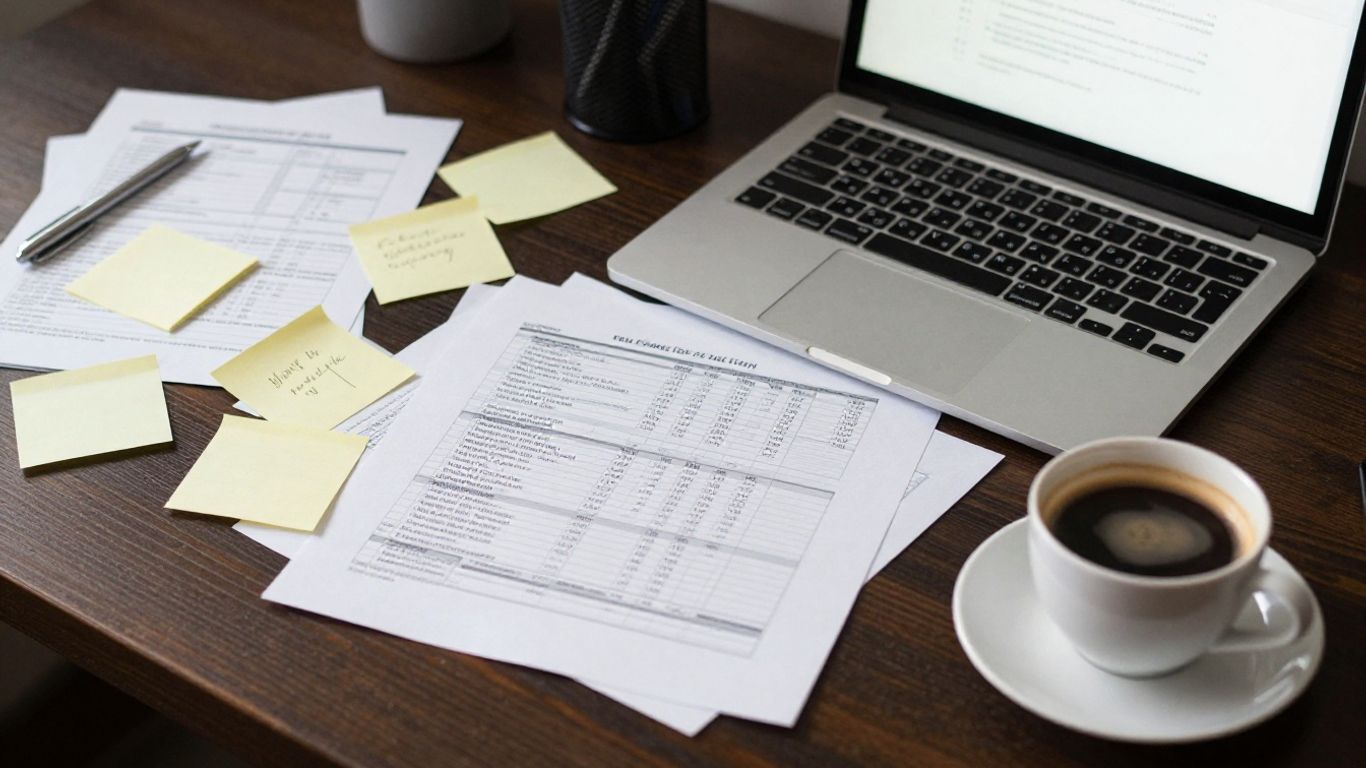 A cluttered desk with disorganized sticky notes and laptop