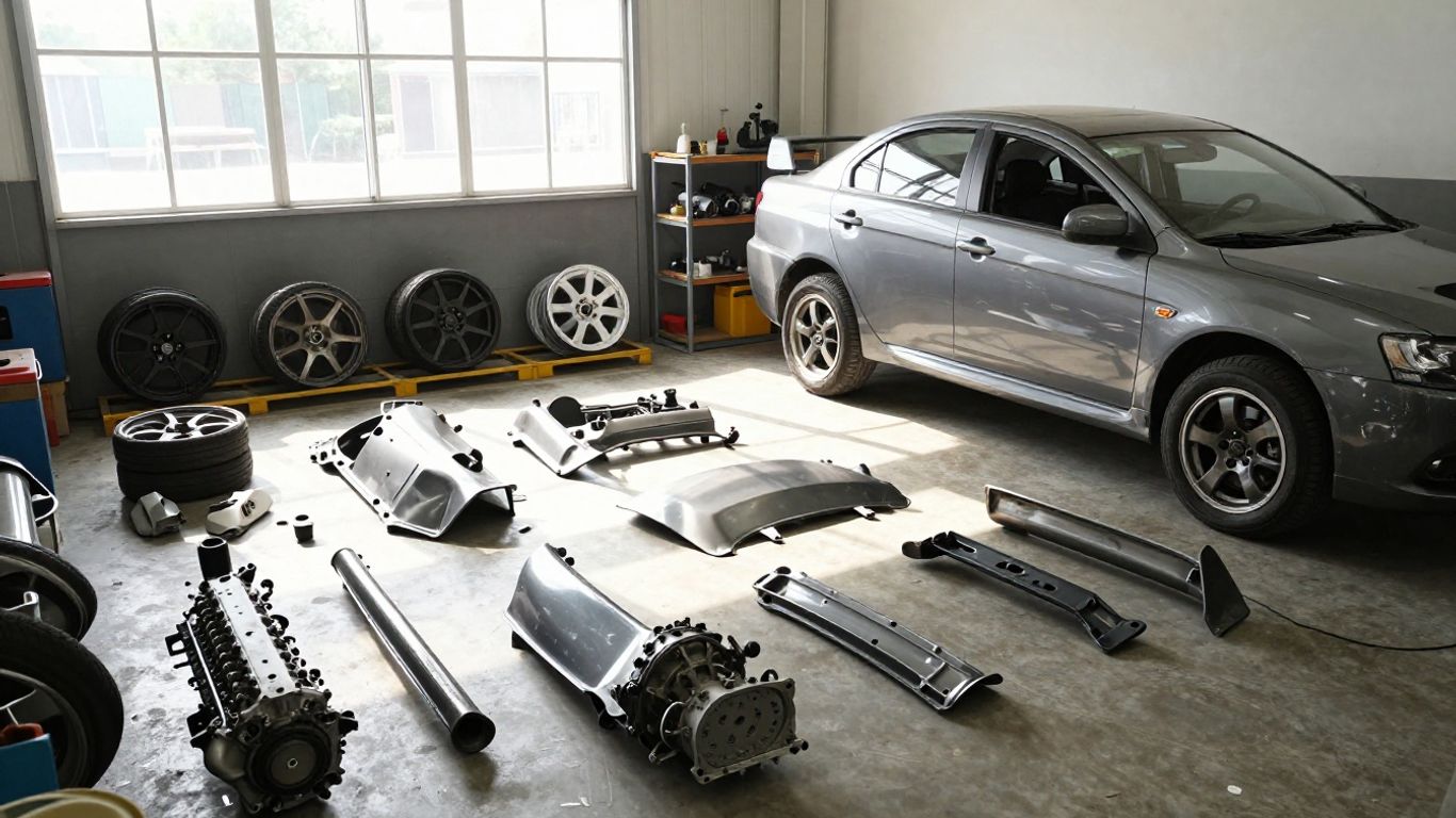 Mitsubishi Lancer parts in a workshop