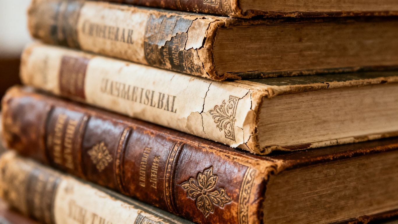 Stack of old, cherished books from a family collection.