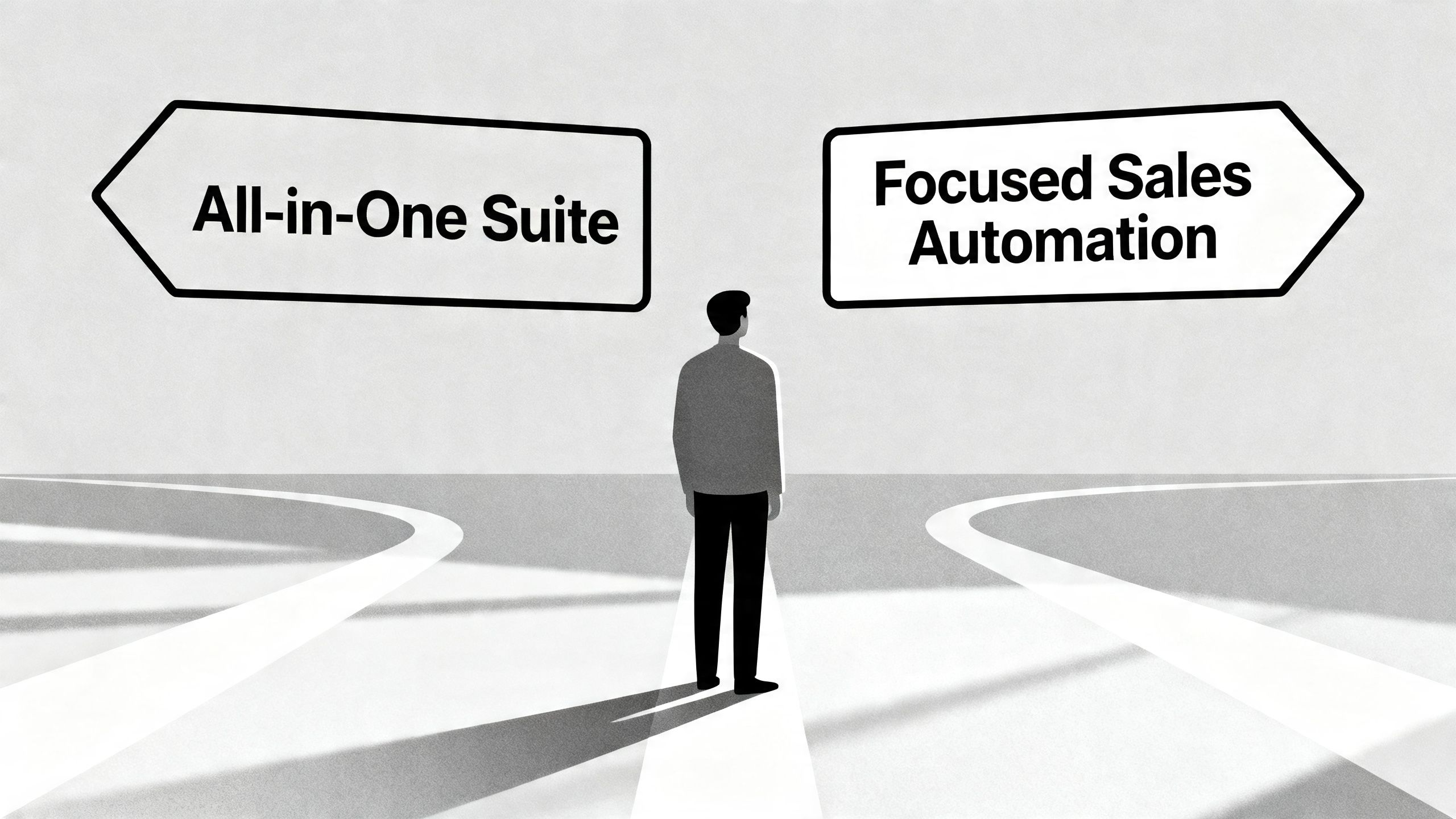 A person at a crossroads with signs pointing towards 'All-in-One Suite' and 'Focused Sales Automation', representing a CRM choice.