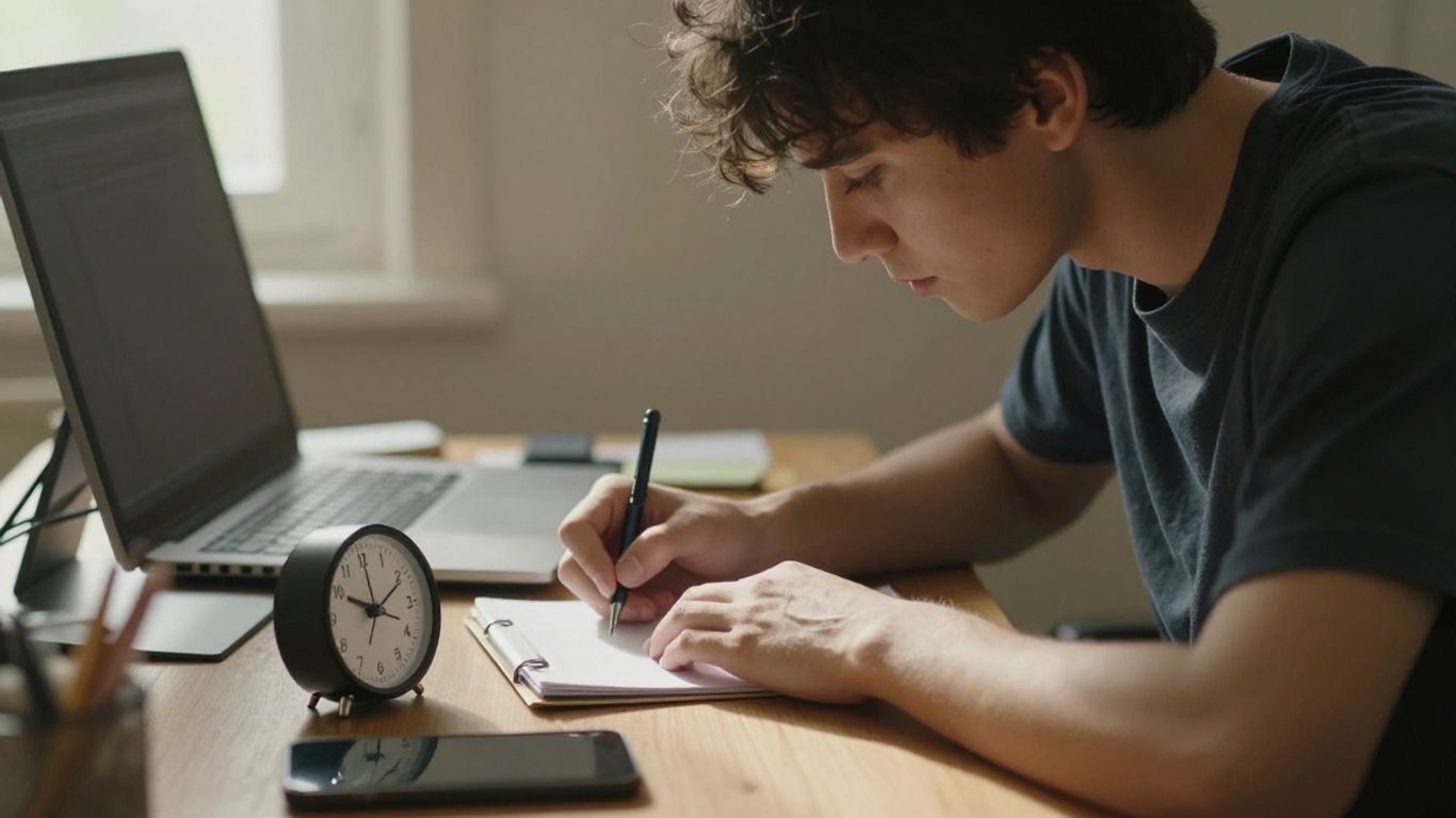 Person working at desk with a timer.