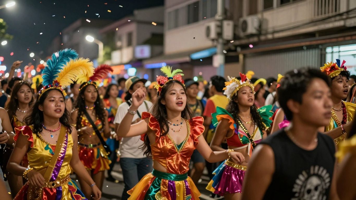 Pessoas celebrando e dançando no Carnaval com confetes.