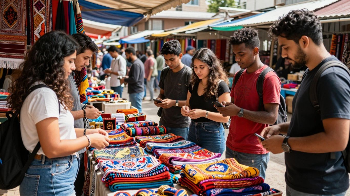 Travelers exploring a vibrant local market.