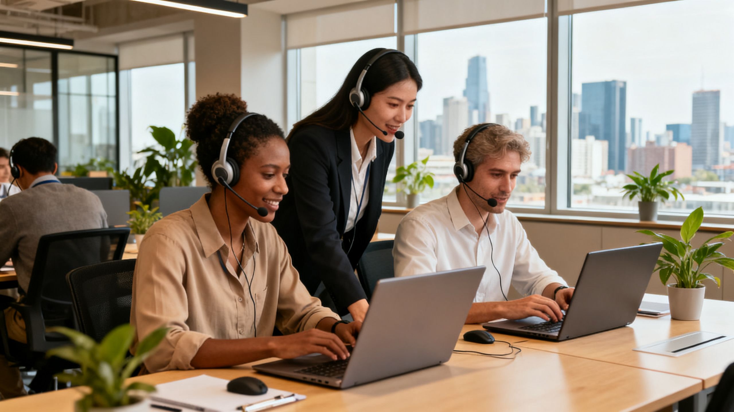 A diverse team of sales representatives collaborating in a modern office, using headsets and laptops