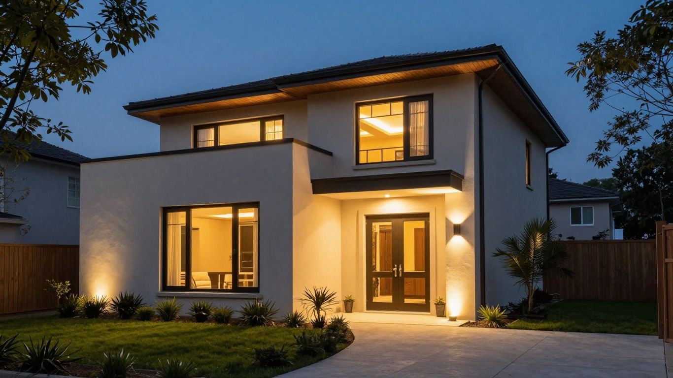 House exterior with stylish lights illuminating pathways and entrance.