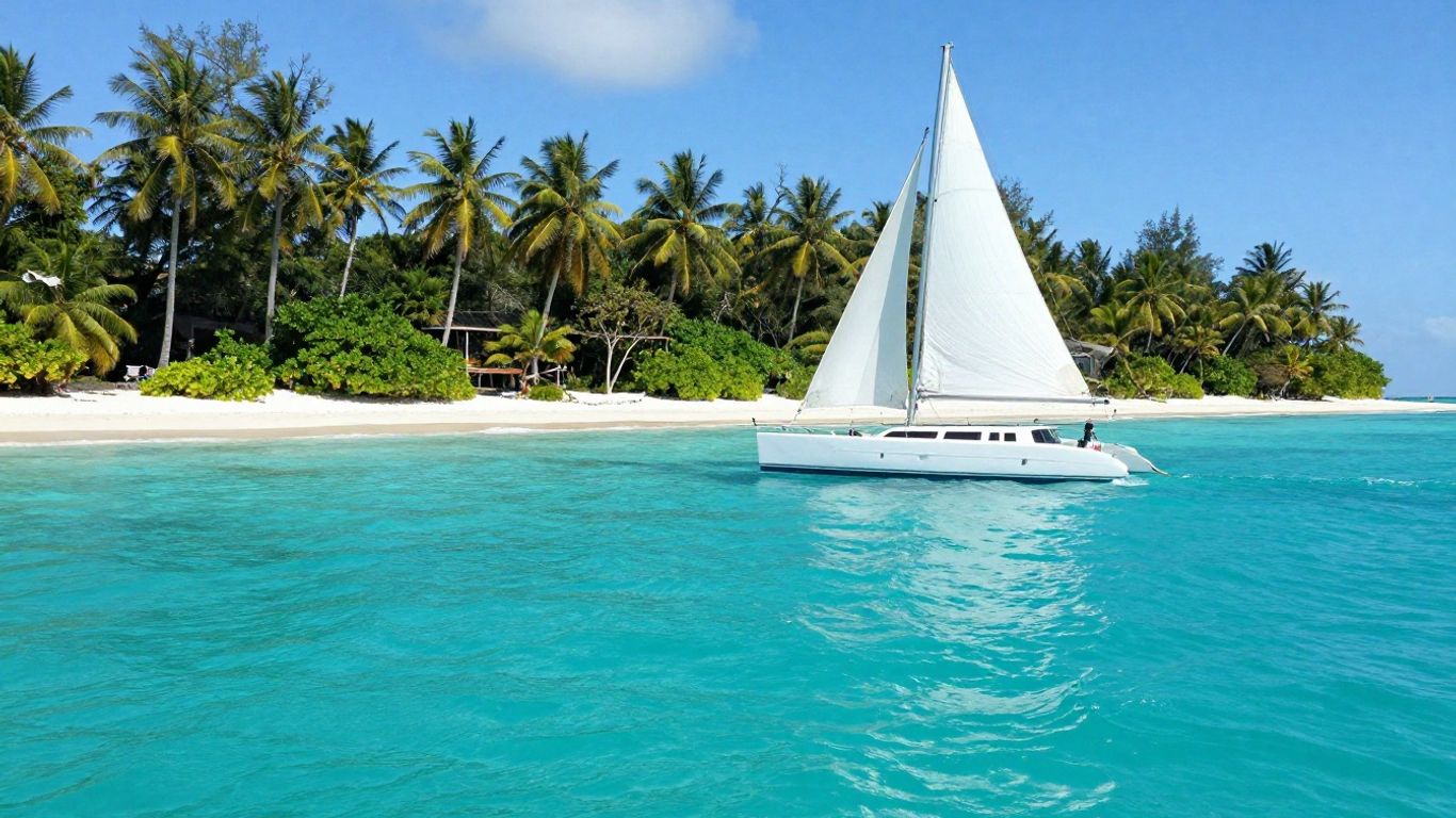 Catamaran sailing in Belize waters near island.