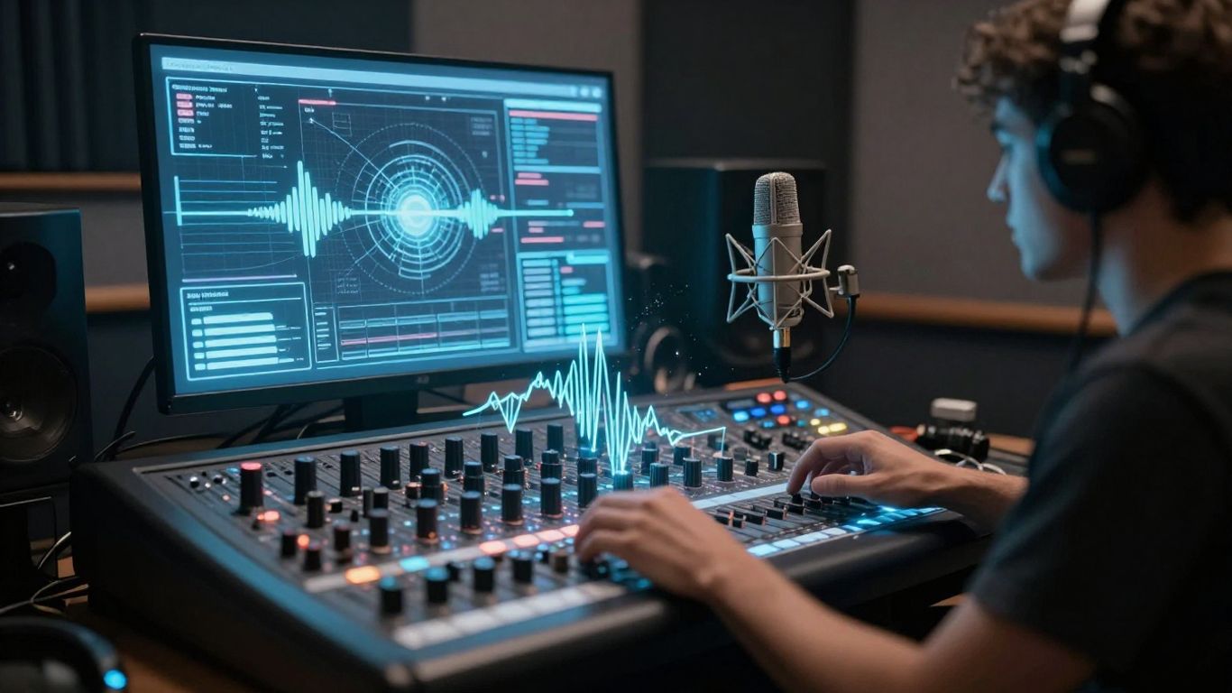 AI creating music in a futuristic studio.