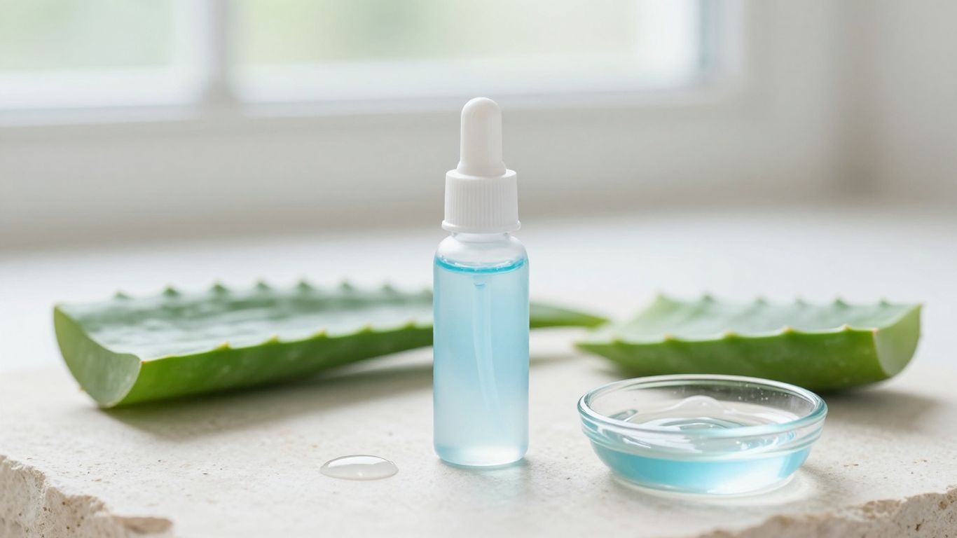 A glass bottle of water-based lubricant beside aloe leaves
