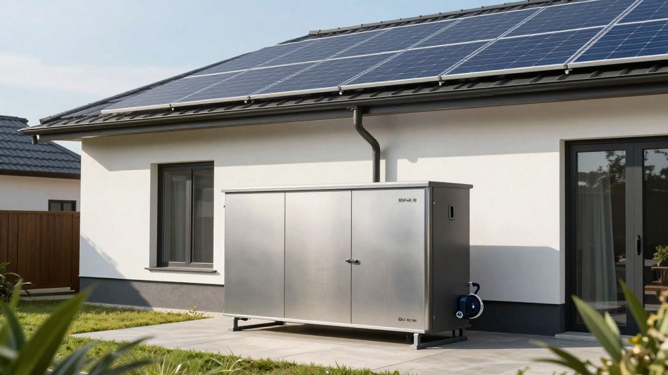 Maison avec panneaux solaires et pompe à chaleur extérieure.