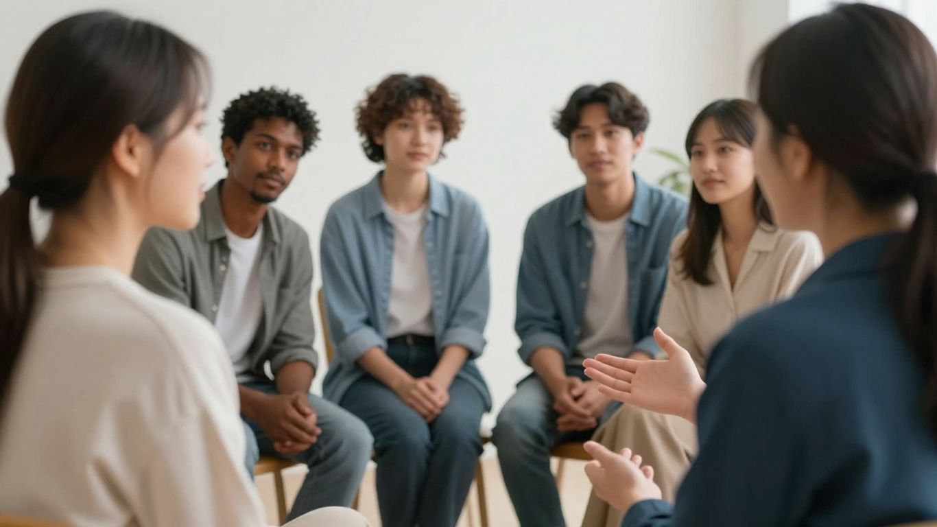 People in a supportive group discussing mental health.