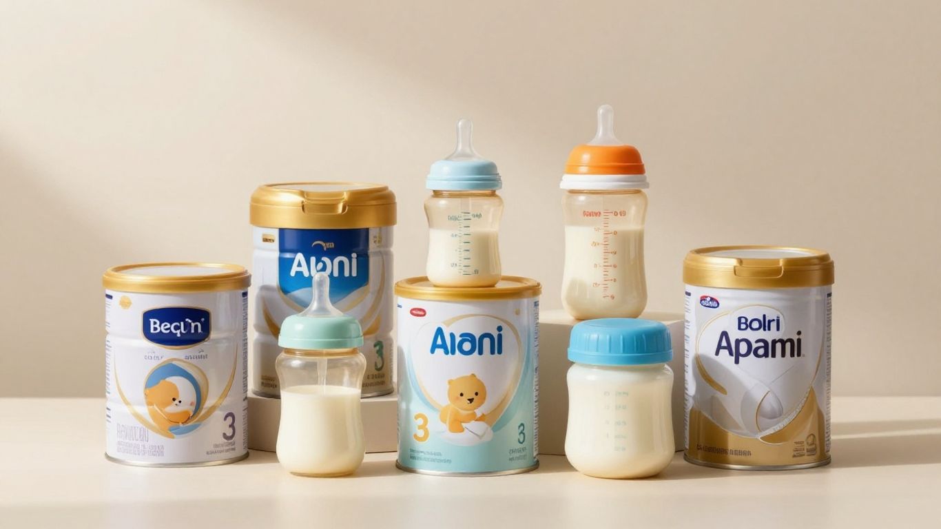 Latas y biberones de leche para bebés.