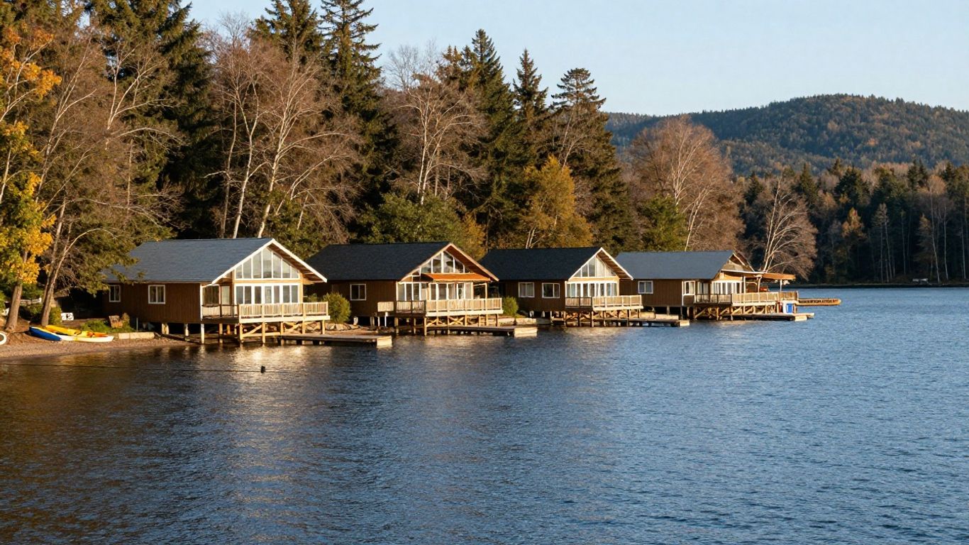 Quiet lakeshore resort with mountain views