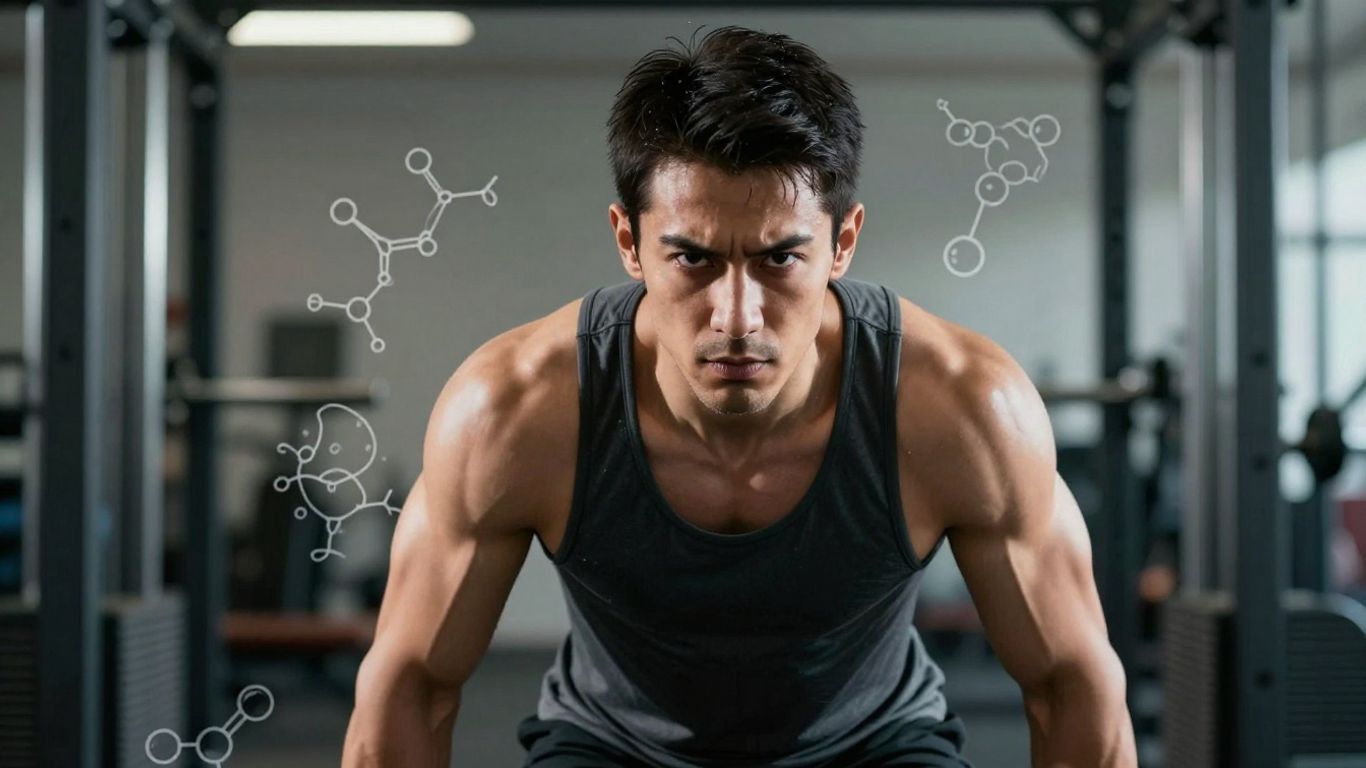 Man with muscle definition, vitality, and subtle anatomical graphics.