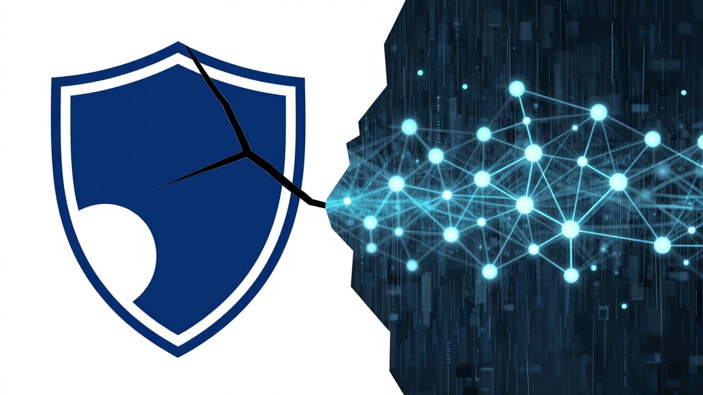 Shield icon versus futuristic network nodes.