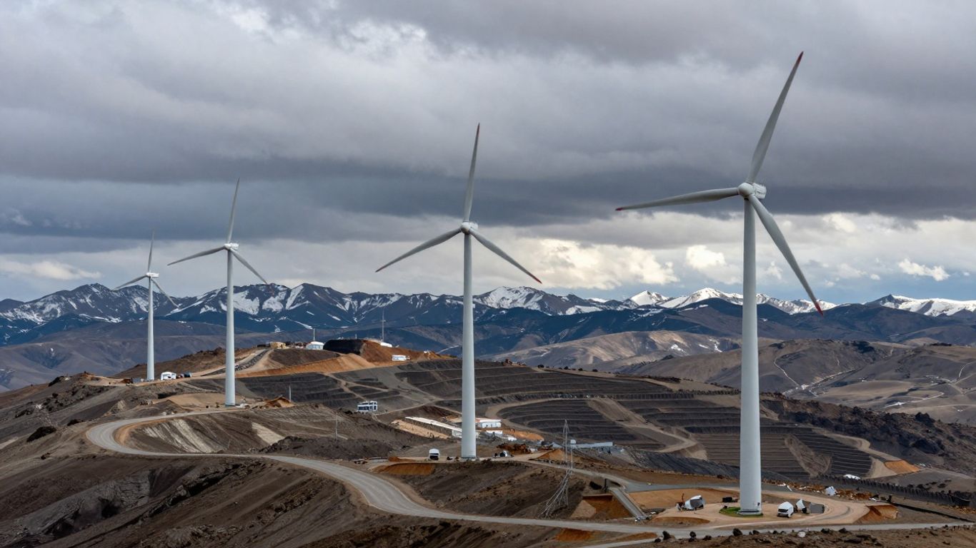 Wind turbines overlooking an isolated mining operation