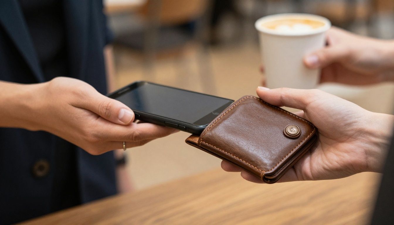 A person paying for coffee at a cafe in Melbourne using their phone, which is in a stylish leather wallet case