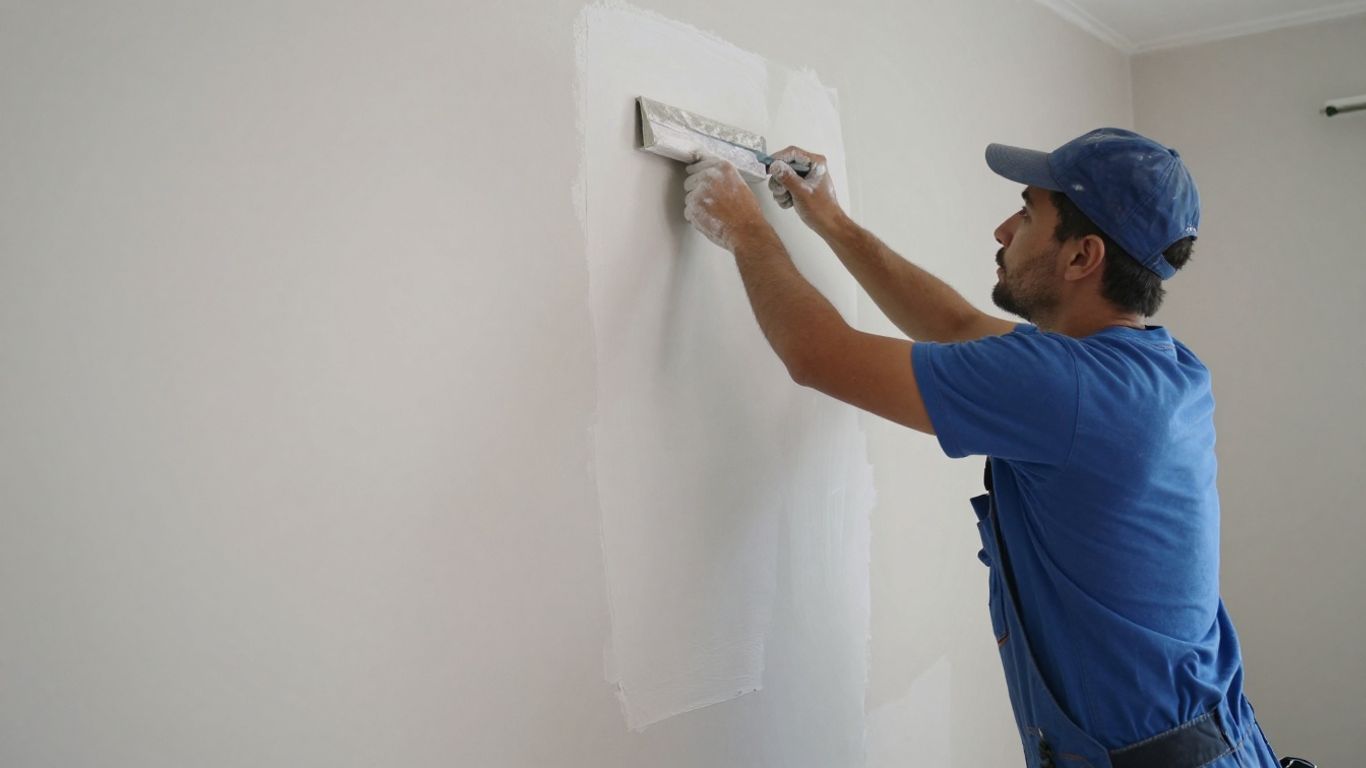 Plasterer smoothing a bedroom wall for a makeover.