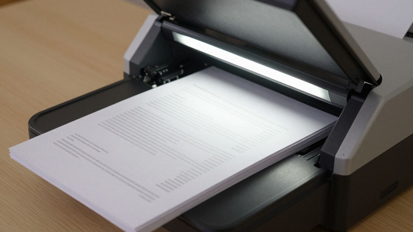 Scanner processing paper documents for digital conversion.