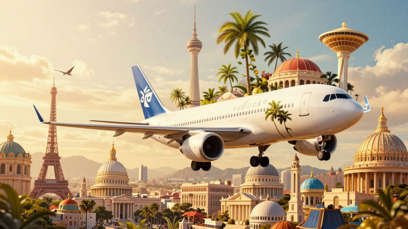 Airplane flying over world landmarks, travel concept.